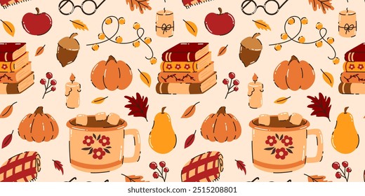 Seamless pattern depicting basic elements. Books, cocoa, blanket, pumpkins, acorn, leaves. Flat vector illustration.