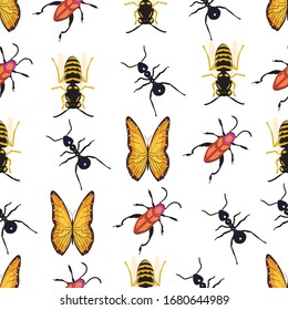 seamless pattern depicting bee ants and beetles