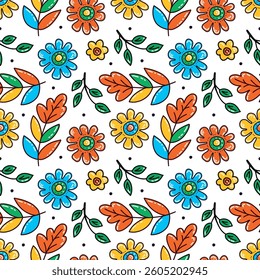 Seamless pattern depicting a bright blooming garden. Various small flowers, hand-painted leaves, grass. White floral background, modern botanical print. Design for fabric.