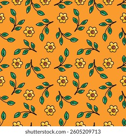 Seamless pattern depicting a bright blooming garden. Various small flowers, hand-painted leaves, grass. Floral background, modern botanical print. Design for fabric.
