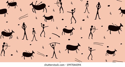 Seamless pattern depicting cave paintings with people and animals. Design for paper, textiles and decor. Vector illustration.