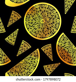 Seamless pattern depicting the contours of a cut orange. Bright orange slices on a black background.