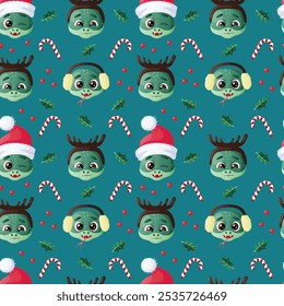 Seamless pattern depicting a cute snake in various New Year hats on a green background. Vector illustration