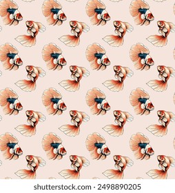 Seamless pattern depicting elegant goldfish with delicate fins on a beige background, fabric, wallpaper, and stationery designs.