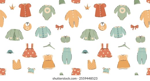 Seamless pattern depicting elements of children's clothing. Sweatshirts, overalls, hats, dresses, bows. Flat vector illustration.