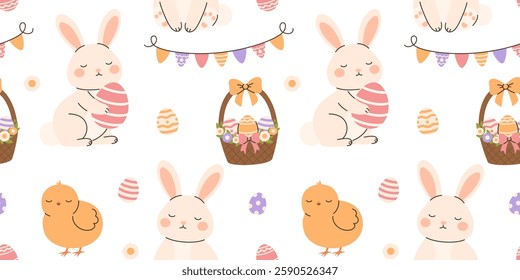 Seamless pattern depicting elements for Easter. Bunnies, basket of flowers, Easter eggs, chicken, flags. Flat vector illustration.