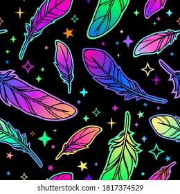 seamless pattern depicting feathers and stars