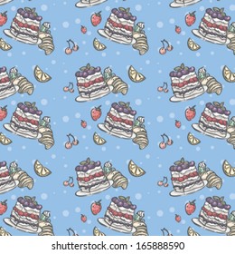 Seamless pattern depicting fruit and blueberry pie