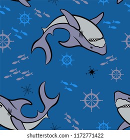Seamless pattern depicting a large shark, small fish and themed marine objects on a blue background.