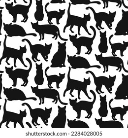 Seamless pattern depicting the outline of a black cat for Halloween. Flat cat in different poses. For printing on textiles and paper. Gift wrapping. Black outline on white