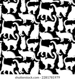 Seamless pattern depicting the outline of a white cat with a light shadow for Halloween. Flat cat in different poses. For printing on textiles and paper. Package. White outline with shadow on black