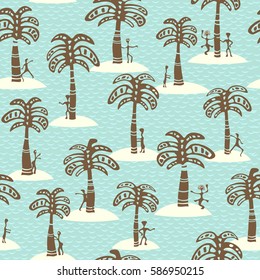 Seamless pattern depicting palm, people, sea and islands.