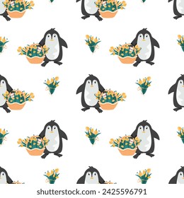 A seamless pattern depicting penguins with yellow tulips, bouquets of tulips, baskets with tulips. International Women's Day.Postcard for March 8. Words of congratulations on Women's Day.From March 8