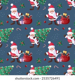 Seamless pattern depicting Santa Claus with a bag of gifts and a Christmas tree on a blue background. Vector illustration