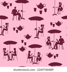 patrón impecable que representa las siluetas de las personas sentadas en un café en una mesa para imprimir sobre telas, postales, carteles y decorar interiores y escenas de cafés