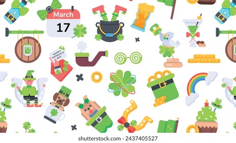 A seamless pattern depicting st patrick day elements, lucky charms, and characters 