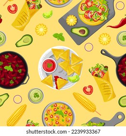 Seamless pattern depicting traditional Mexican cuisine. Vector illustration. Endless background with national Latin American cuisine. Image of a table with food.