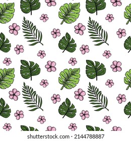 Un patrón impecable que representa una flor tropical, palmeras y hojas. Elementos de doodle dibujados a mano, flores brillantes y vegetación. Trópicos. Flores exóticas. Ilustración vectorial aislada.