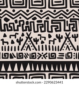 Patrón sin brillo que representa varias formas geométricas abstractas dibujadas a mano. Diseño de papel, textiles y decoración. Elementos de las tribus étnicas. Ilustración vectorial.