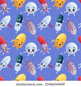 Seamless pattern depicting various funny and cute pills and capsules on a blue background. Vector illustration