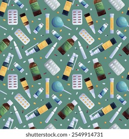 Seamless pattern depicting various medicines on a green background. Vector illustration