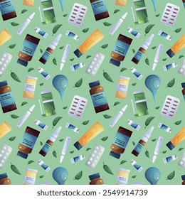 Seamless pattern depicting various medicines on a green background. Vector illustration