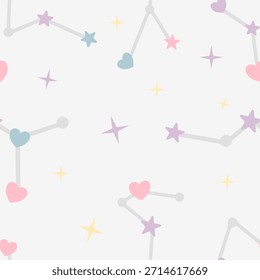 Seamless pattern depicting zodiac constellations and star maps connected by lines, featuring abstract hearts, a flat design vector texture for astrology and mystical Valentine's themes.