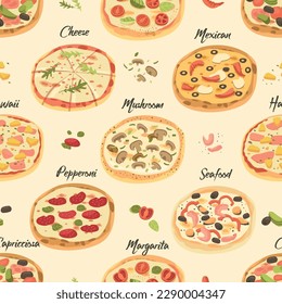 Seamless Pattern Depicts Pizzas In Various Sizes And Toppings, Including Pepperoni, Mushrooms, Cheese, Mexican