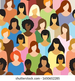 the seamless pattern depicts women of different nationalities, hair color, and skin color. conventional flat drawing, the local colour spots. stock vector illustration. EPS 10.