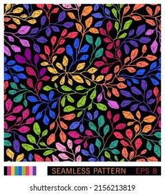 Seamless pattern. Deposit of precious stones. Fabulous composition of crystals on the branches. Vector graphics