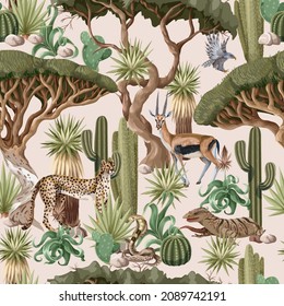 Seamless pattern with desert animals, cactuses and trees. Vector