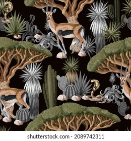 Seamless pattern with desert animals, cactuses and trees. Vector
