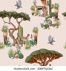 Seamless pattern with desert animals, cactuses and trees. Vector