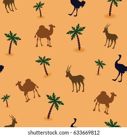 Seamless pattern of desert animals. Camel, Gazelle, ostrich.