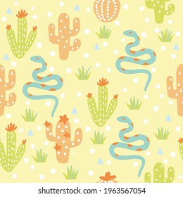 Seamless pattern desert with cactuses and snakes. Vector cactuses and snakes in tender style colors background. 