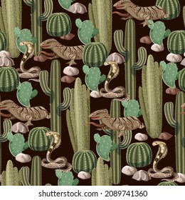 Seamless pattern with desert cactuses, snakes and lizard. Vector