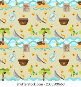 Seamless pattern with desert island, pirate treasure, one-legged parrot and a note in a bottle.