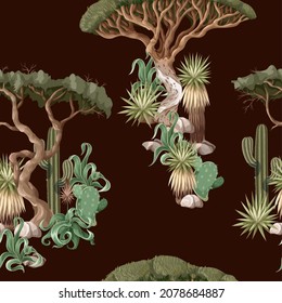Seamless pattern with desert trees and cactuses. Vector