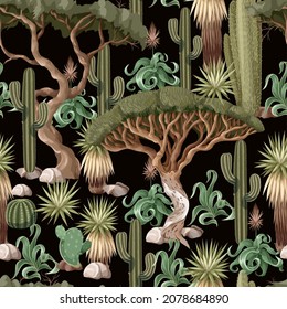 Patrón sin foco con árboles y cactús desérticos. Vector