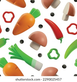 Diseño de patrones impecable con objetos alimentarios 3D, ilustración vectorial realista sobre fondo blanco. Productos alimenticios naturales de verduras en un entorno transparente y repetible.