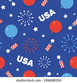 A seamless pattern design of the 4th of July theme. American Independence Day flat vector background with stars, balloons and fireworks in blue and red colors