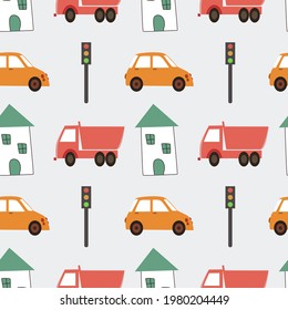 Seamless pattern design aboutt city with transportation. Car and truck seamless pattern vector. Background, wallpaper, backdrop.