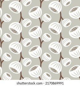 Seamless Pattern Design with abstract floral elements in neutral colors. White and brown flowers on light gray background.