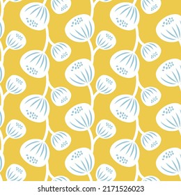 Seamless Pattern Design with abstract floral elements in retro print style. White flowers on yellow background.