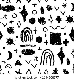 Seamless pattern design abstract sky stars rainbow sun rectangle, simple Nature crayons lines scandinavian style background grunge texture. Nursery decor trend of the season, black white. Vector