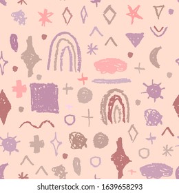 Seamless pattern design abstract sky stars rainbow sun rectangle, simple Nature crayons lines scandinavian style background grunge texture. Nursery decor trend of the season, Gray lilac pink. Vector