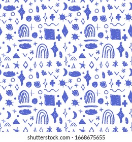 Seamless pattern design abstract sky stars rainbow sun rectangle, simple Nature crayons lines scandinavian style background grunge texture. Nursery decor trend of the season, blue white. Vector