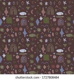 Seamless pattern design abstract sky stars rainbow sun rectangle, simple Nature crayons lines scandinavian style background grunge texture. Nursery decor trend of the season, brown green blue. Vector 