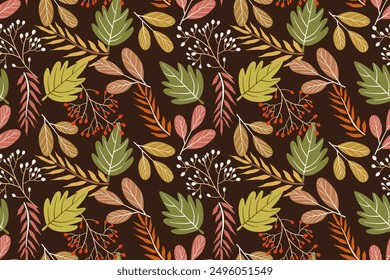 Seamless pattern design with autumn flowers and leaves. floral and leaf patterns design for fabric, cotton, wallpaper, satin, gift wrap, carpet, backgrounds.	