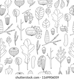 Seamless pattern design with autumn leaves and acorns and nuts. Cute fabric design, repeatable fall background. 